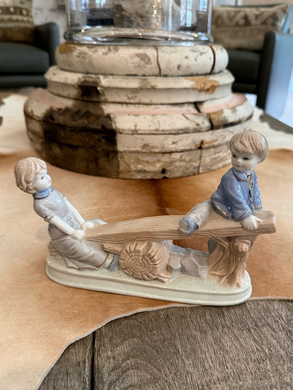 Vintage Seesaw Children Figurine in Soft Pastels Home Decor